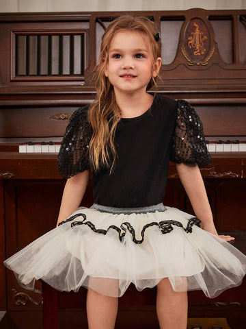 Girls' Elegant And Black & White Sequined Mesh Top With Princess Tulle Skirt, Lace & Floral Two Piece Set, Suitable For Banquet, Wedding, Party, Spring And Summer