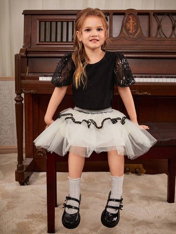 Girls' Elegant And Black & White Sequined Mesh Top With Princess Tulle Skirt, Lace & Floral Two Piece Set, Suitable For Banquet, Wedding, Party, Spring And Summer
