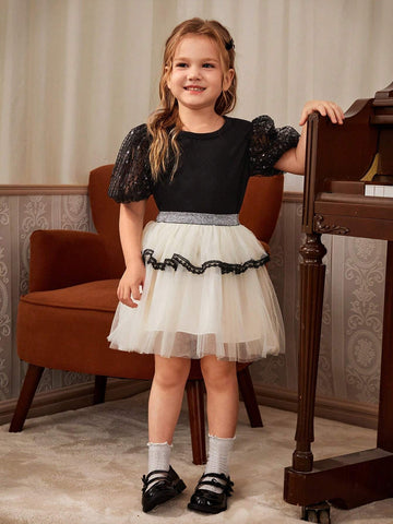 Girls' Elegant And Black & White Sequined Mesh Top With Princess Tulle Skirt, Lace & Floral Two Piece Set, Suitable For Banquet, Wedding, Party, Spring And Summer