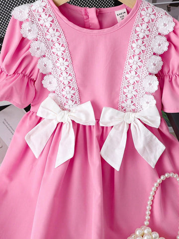 Girls' Elegant And Fashionable Casual Pink School Uniform Dress With Ruffled And Floral Design, Waist With Large Bow-Knot Decoration, Short Sleeves, Suitable For Summer College Style