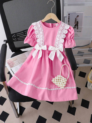 Girls' Elegant And Fashionable Casual Pink School Uniform Dress With Ruffled And Floral Design, Waist With Large Bow-Knot Decoration, Short Sleeves, Suitable For Summer College Style