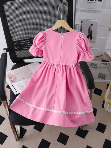 Girls' Elegant And Fashionable Casual Pink School Uniform Dress With Ruffled And Floral Design, Waist With Large Bow-Knot Decoration, Short Sleeves, Suitable For Summer College Style