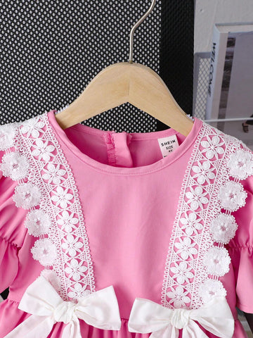 Girls' Elegant And Fashionable Casual Pink School Uniform Dress With Ruffled And Floral Design, Waist With Large Bow-Knot Decoration, Short Sleeves, Suitable For Summer College Style