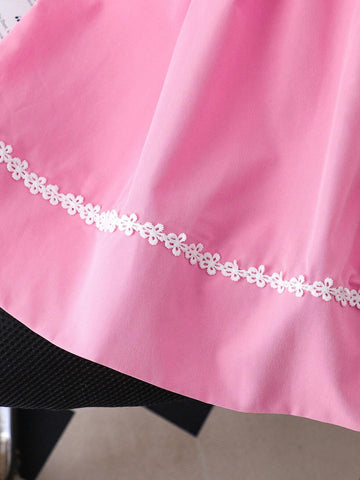 Girls' Elegant And Fashionable Casual Pink School Uniform Dress With Ruffled And Floral Design, Waist With Large Bow-Knot Decoration, Short Sleeves, Suitable For Summer College Style