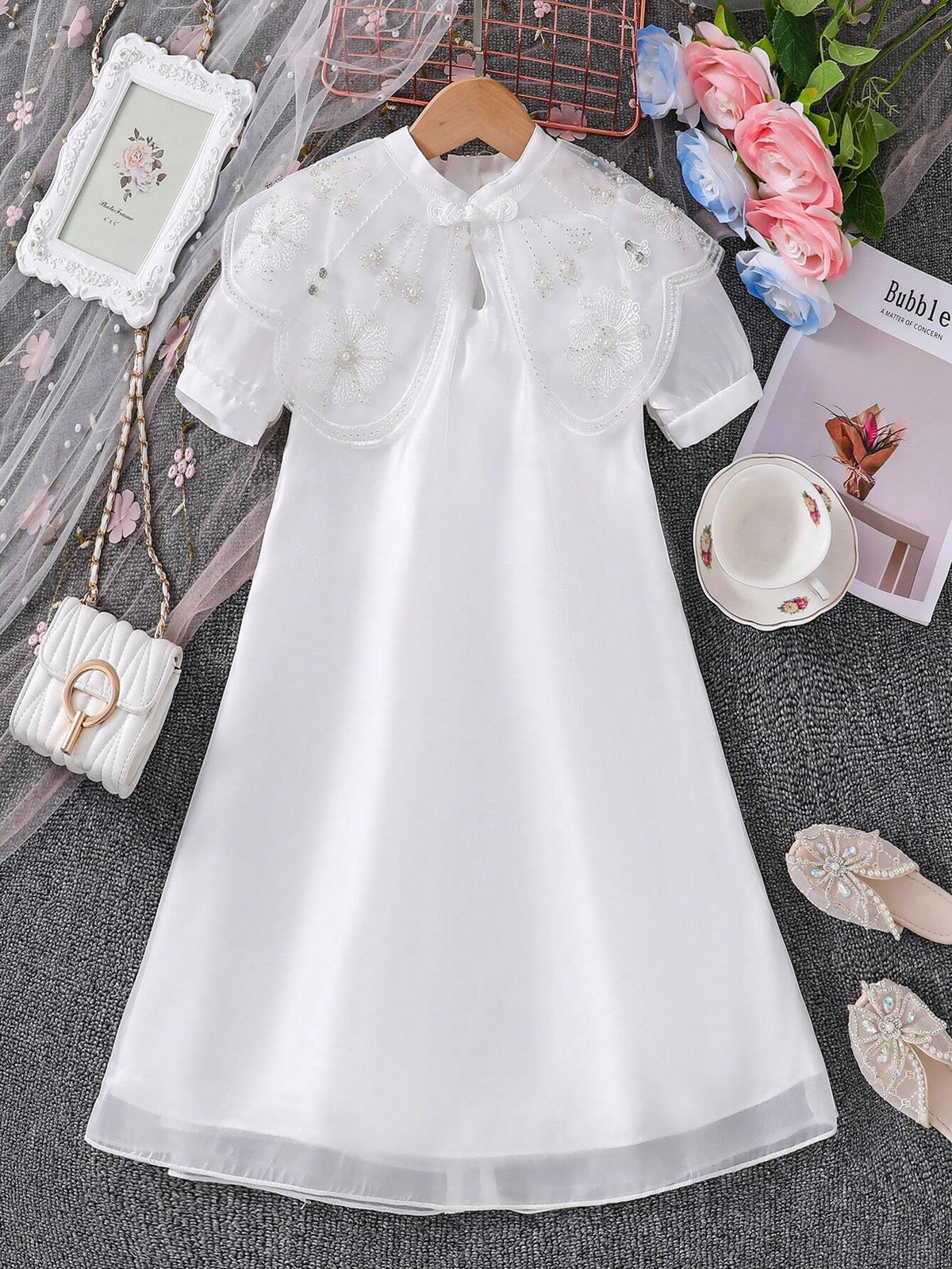 Girls' Elegant And Gorgeous Dress With Buckle Decoration Shawl, Spring/Summer