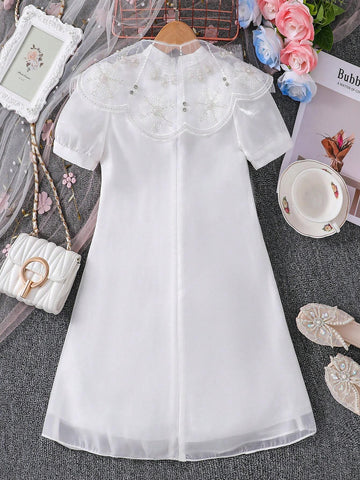Girls' Elegant And Gorgeous Dress With Buckle Decoration Shawl, Spring/Summer