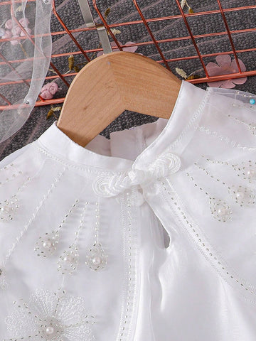 Girls' Elegant And Gorgeous Dress With Buckle Decoration Shawl, Spring/Summer