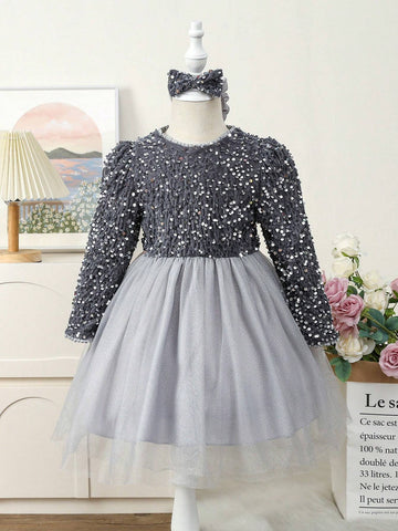 Girls' Elegant And Graceful Velvet And Mesh Party Dress With Beaded Decoration