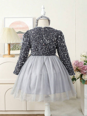 Girls' Elegant And Graceful Velvet And Mesh Party Dress With Beaded Decoration