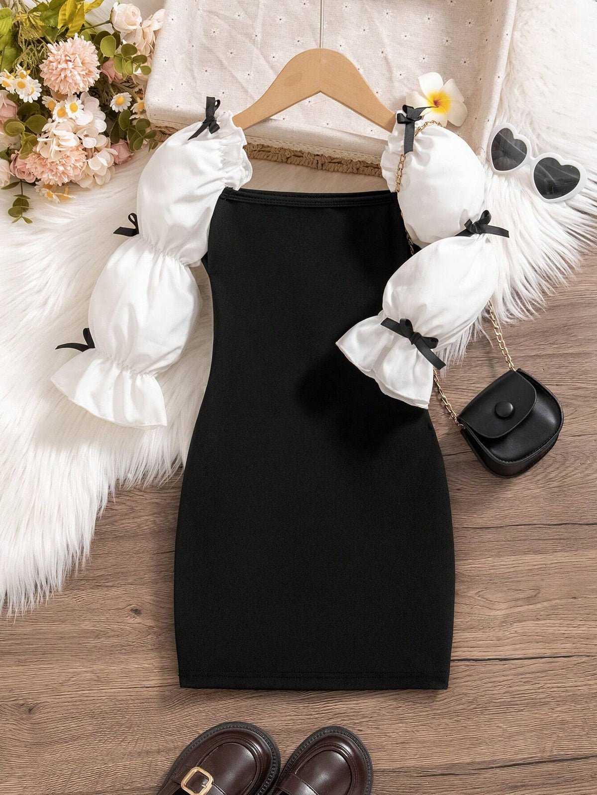 Girls' Elegant Ballet Style Dress With Bowknot, Ruffles, Lotus Sleeves & Square Neckline, Slim Fit, Suitable For Parties Or Flower Girls, Spring/Fall/Winter