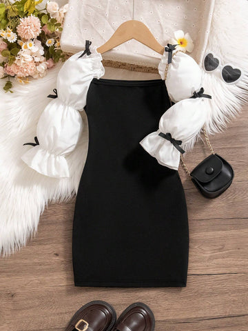Girls' Elegant Ballet Style Dress With Bowknot, Ruffles, Lotus Sleeves & Square Neckline, Slim Fit, Suitable For Parties Or Flower Girls, Spring/Fall/Winter