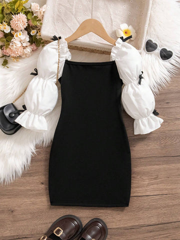 Girls' Elegant Ballet Style Dress With Bowknot, Ruffles, Lotus Sleeves & Square Neckline, Slim Fit, Suitable For Parties Or Flower Girls, Spring/Fall/Winter