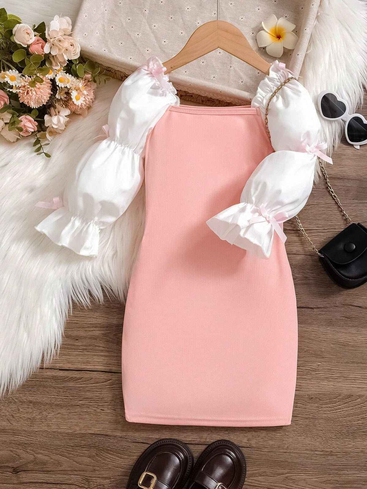 Girls Elegant Bowknot Ruched Lotus Sleeve Fitted Long Sleeve Dress, Suitable For Banquet & Flower Girl, Spring Autumn Winter