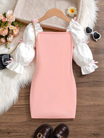 Girls Elegant Bowknot Ruched Lotus Sleeve Fitted Long Sleeve Dress, Suitable For Banquet & Flower Girl, Spring Autumn Winter