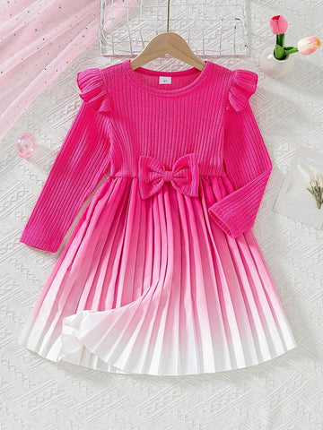 Girls' Elegant Bowknot Waist Gradient Long Sleeve Dress, Suitable For Holidays And Spring/Autumn Seasons