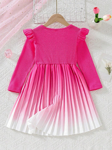 Girls' Elegant Bowknot Waist Gradient Long Sleeve Dress, Suitable For Holidays And Spring/Autumn Seasons