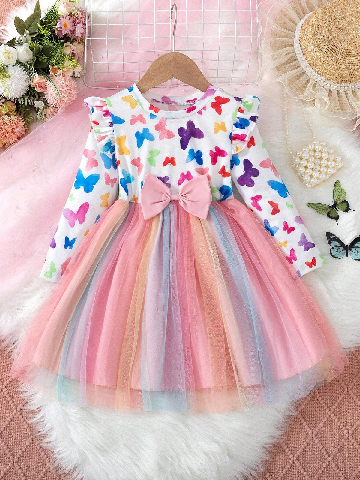 Girls Elegant Butterfly Sleeve Print Splice Rainbow Tulle Long Sleeve Dress With Bow, Suitable For Casual, Travel, Party, Gift, Fall