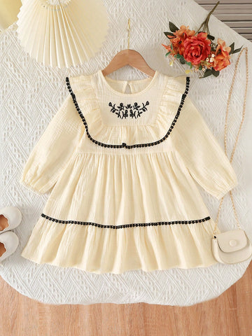 Girls Elegant Casual Embroidery Princess Ruffle Long Sleeve Dress, Fashion New Style For Toddlers, Spring/Autumn