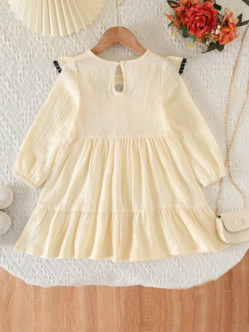 Girls Elegant Casual Embroidery Princess Ruffle Long Sleeve Dress, Fashion New Style For Toddlers, Spring/Autumn