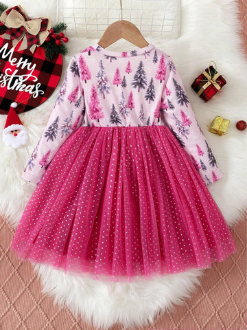 Girls Elegant Christmas Tree Glitter Mesh Ball Gown Dress, Long Sleeve Round Neck, Suitable For Holiday Parties In Spring And Autumn
