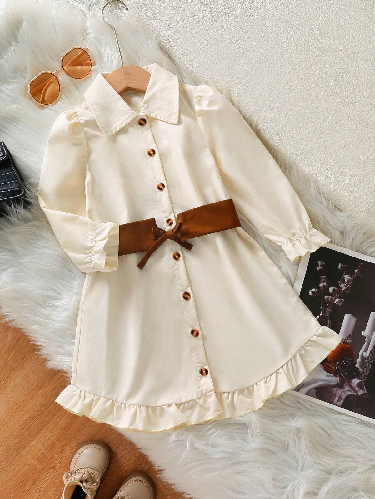 Girls Elegant Collared Long Sleeve Fitted Solid Color A-Line Ruffle Hem Dress With Contrast Waistband, Autumn