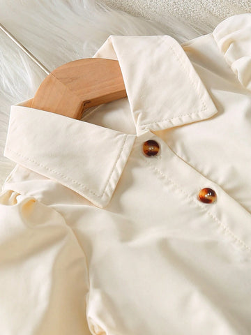 Girls Elegant Collared Long Sleeve Fitted Solid Color A-Line Ruffle Hem Dress With Contrast Waistband, Autumn