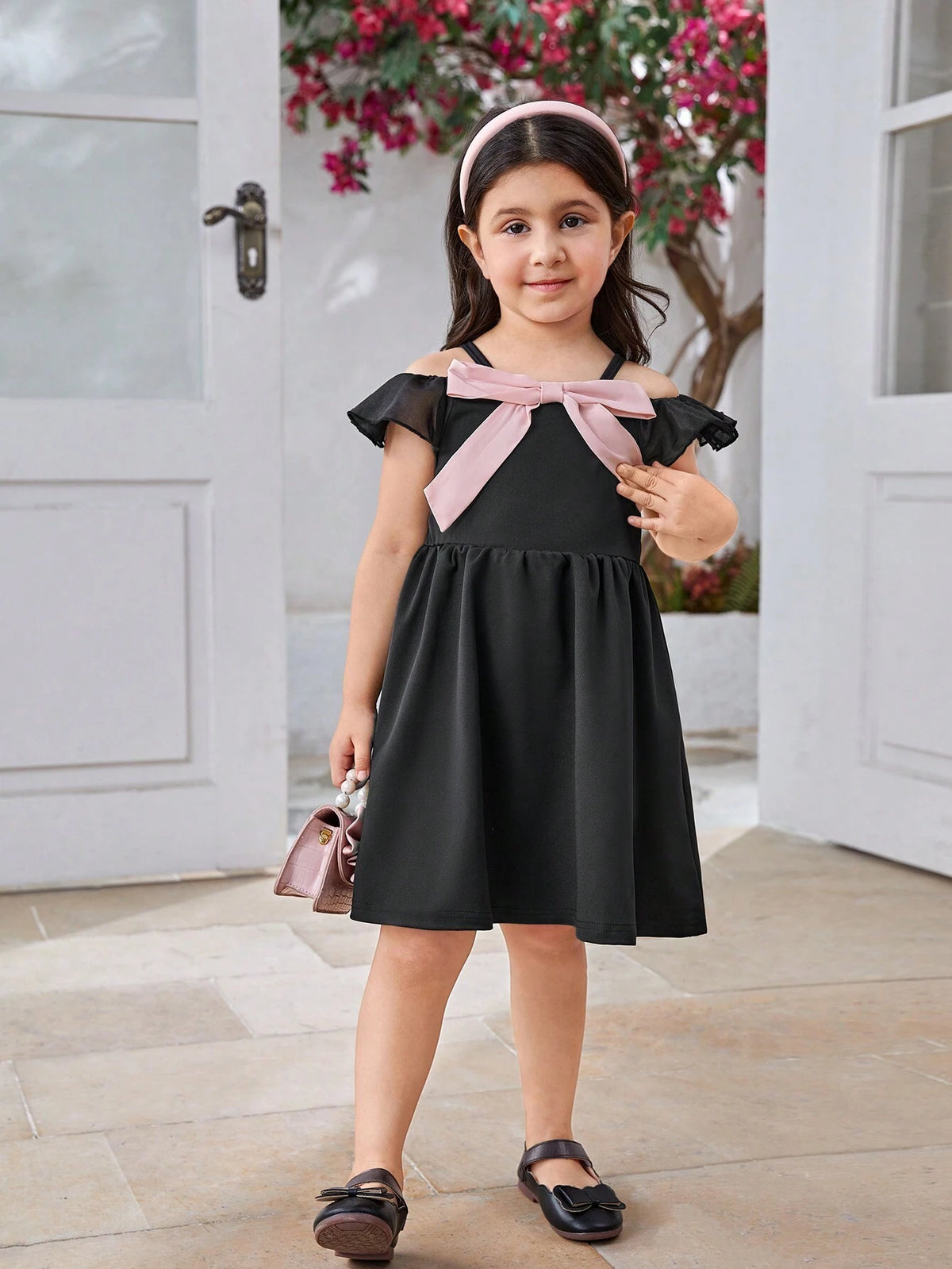 Girls' Elegant Color-Blocked Chiffon Solid Color Dress With Off Shoulder Strap, Princess Dress