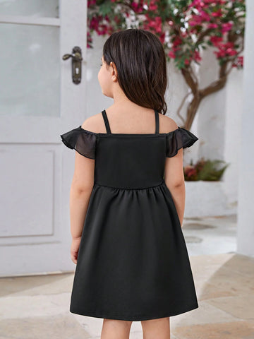 Girls' Elegant Color-Blocked Chiffon Solid Color Dress With Off Shoulder Strap, Princess Dress