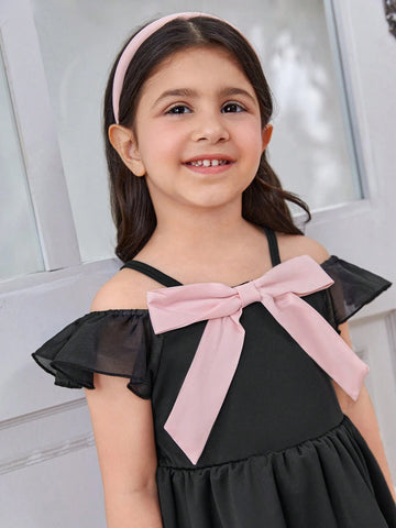 Girls' Elegant Color-Blocked Chiffon Solid Color Dress With Off Shoulder Strap, Princess Dress