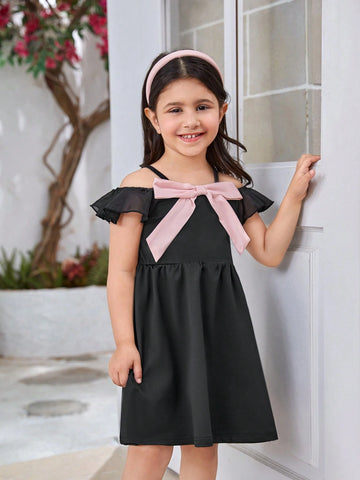 Girls' Elegant Color-Blocked Chiffon Solid Color Dress With Off Shoulder Strap, Princess Dress