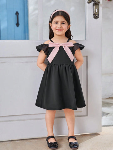 Girls' Elegant Color-Blocked Chiffon Solid Color Dress With Off Shoulder Strap, Princess Dress