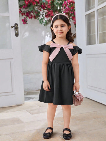 Girls' Elegant Color-Blocked Chiffon Solid Color Dress With Off Shoulder Strap, Princess Dress
