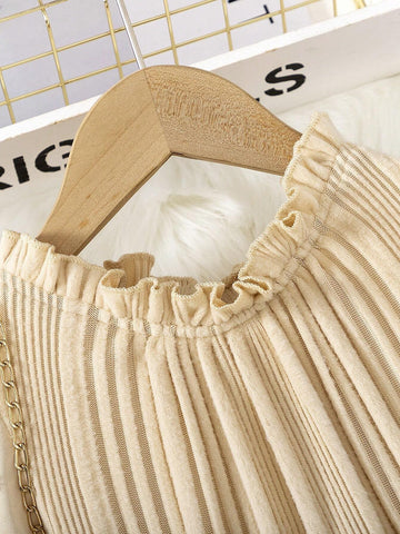 Girls Elegant Comfortable Knitted Ribbed Patchwork Jacquard Long Sleeve Stand Collar Dress, Suitable For Autumn/Winter