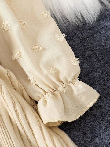 Girls Elegant Comfortable Knitted Ribbed Patchwork Jacquard Long Sleeve Stand Collar Dress, Suitable For Autumn/Winter