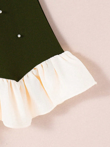 Girls Elegant Dark Green Sleeveless Beaded Ruffle Hem Dress, Featuring Pearl Accented Details And Ruffle Skirt, Chic And Minimalist