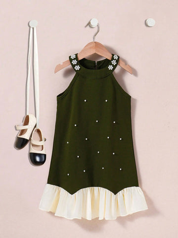 Girls Elegant Dark Green Sleeveless Beaded Ruffle Hem Dress, Featuring Pearl Accented Details And Ruffle Skirt, Chic And Minimalist