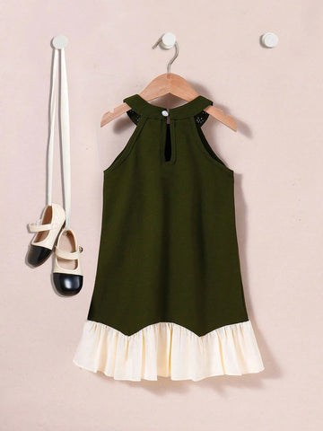Girls Elegant Dark Green Sleeveless Beaded Ruffle Hem Dress, Featuring Pearl Accented Details And Ruffle Skirt, Chic And Minimalist