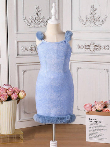 Girls' Elegant Denim Printing Fringe Decorated Sleeveless Dress, Spring/Summer