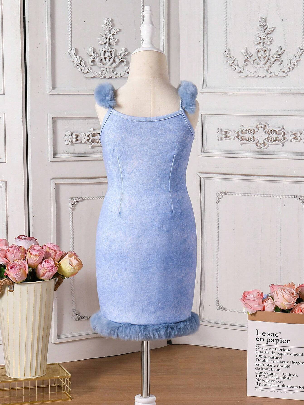 Girls' Elegant Denim Printing Fringe Decorated Sleeveless Dress, Spring/Summer