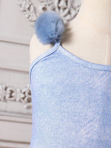 Girls' Elegant Denim Printing Fringe Decorated Sleeveless Dress, Spring/Summer