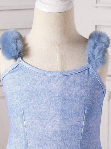 Girls' Elegant Denim Printing Fringe Decorated Sleeveless Dress, Spring/Summer