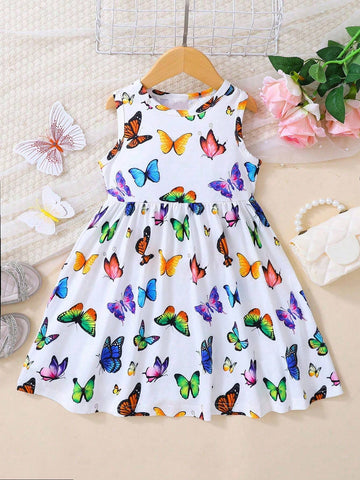 Girls' Elegant, Fashionable And Cute Multicolored Butterfly Print Sleeveless Round Neck Dress For Summer
