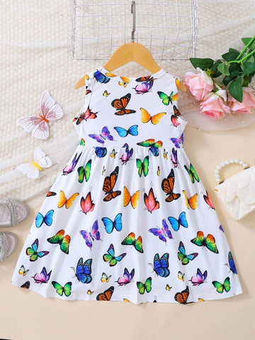 Girls' Elegant, Fashionable And Cute Multicolored Butterfly Print Sleeveless Round Neck Dress For Summer