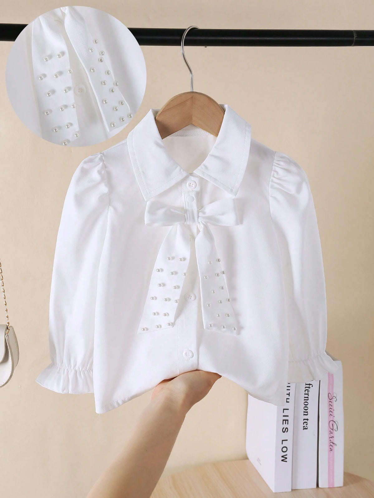 Girls' Elegant Fashionable Minimalist Collared, Puff Sleeve, Fitted, Solid Color, Detachable Pearl Bow Casual Blouse, Spring & Autumn