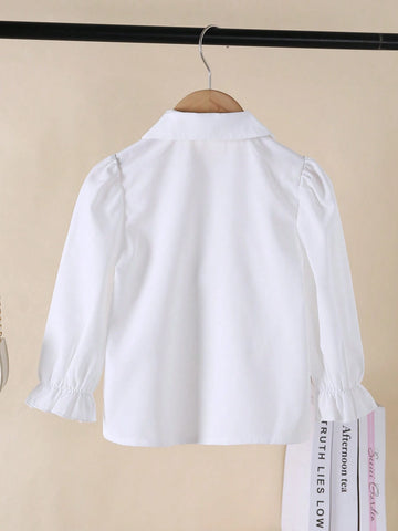 Girls' Elegant Fashionable Minimalist Collared, Puff Sleeve, Fitted, Solid Color, Detachable Pearl Bow Casual Blouse, Spring & Autumn