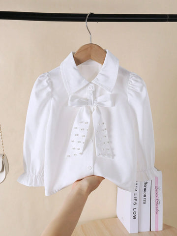 Girls' Elegant Fashionable Minimalist Collared, Puff Sleeve, Fitted, Solid Color, Detachable Pearl Bow Casual Blouse, Spring & Autumn