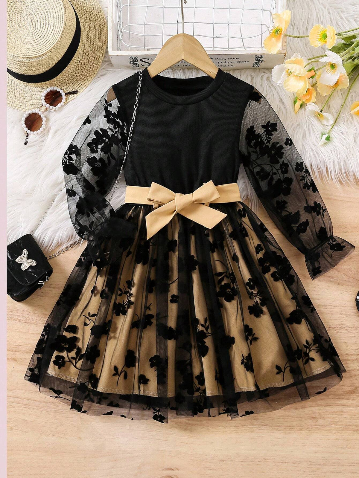 Girls Elegant Floral Lace Long Sleeve Dress With Satin Bow Belt, Fashionable For Autumn/Winter