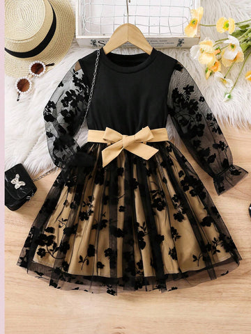 Girls Elegant Floral Lace Long Sleeve Dress With Satin Bow Belt, Fashionable For Autumn/Winter