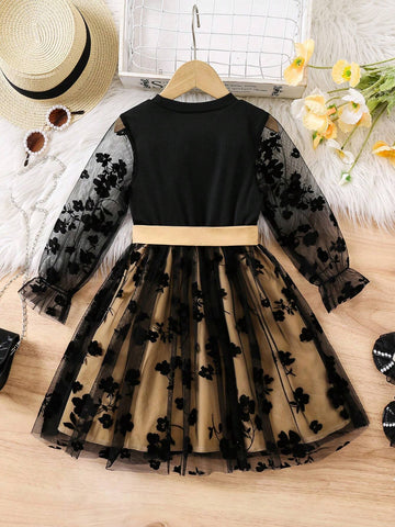 Girls Elegant Floral Lace Long Sleeve Dress With Satin Bow Belt, Fashionable For Autumn/Winter