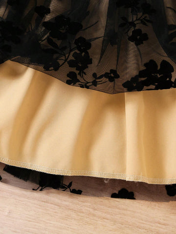 Girls Elegant Floral Lace Long Sleeve Dress With Satin Bow Belt, Fashionable For Autumn/Winter